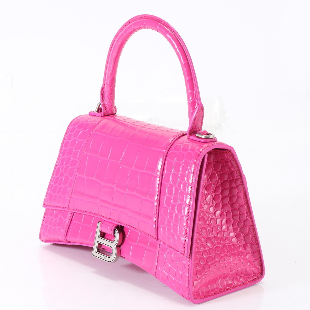 Balenciaga Hour Pink Bag Crocodile Embossed Leather Handbag Glass Tote
